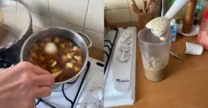 Varenie šošovicovej polievky s pridanými zemiakmi a zahustenie polievky.