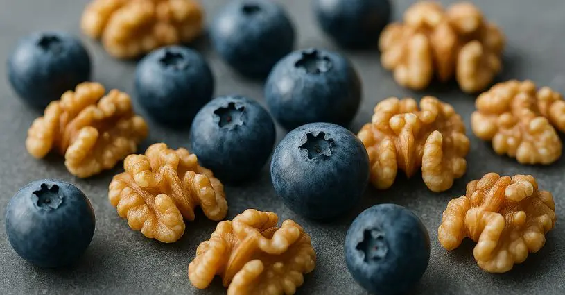 cucoriedky-a-vlasske-orechy-vitaminy Synergia živín pri rastlinnej strave: Zmes čerstvých čučoriedok a vlašských orechov na kamennom podklade. Zdravé tuky pomáhajú lepšie vstrebávať vitamín K z čučoriedok.